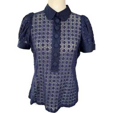 Anne Fontaine Crochet Lace Puff Sleeve Blouse Navy