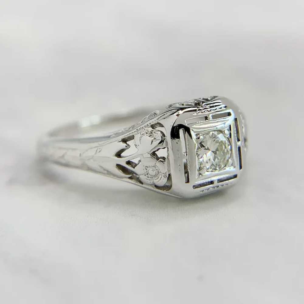 Art Deco 18K White Gold .12ct Transitional Cut Di… - image 2