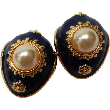 Joan Rivers Navy Blue Enamel Gold Tone and Faux P… - image 1