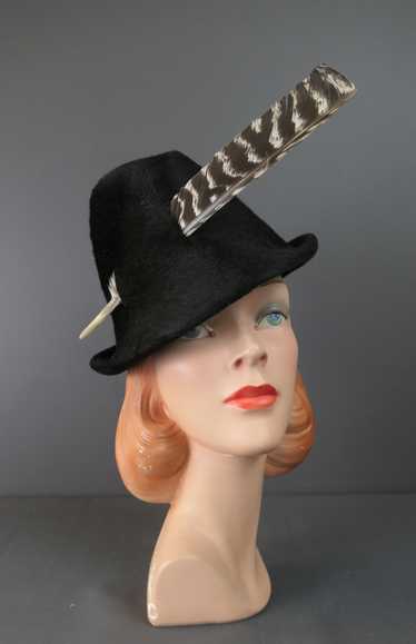 Vintage 1960s Black Hat Plush Felt Fedora Style wi