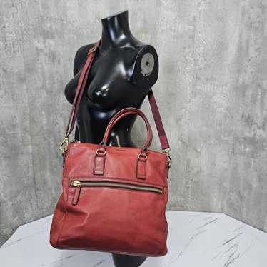Fossil Distressed Red Leather Large Crossbody Bag… - image 1