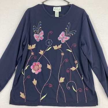 Vintage Quacker Factory Navy Butterfly Floral Emb… - image 1