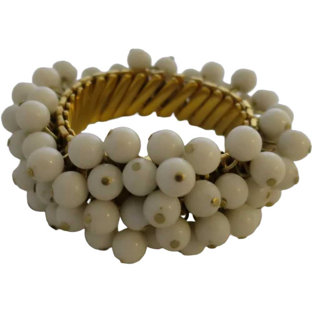 Stretchy Milk Glass Bead and Gold-Plated Metal Br… - image 1