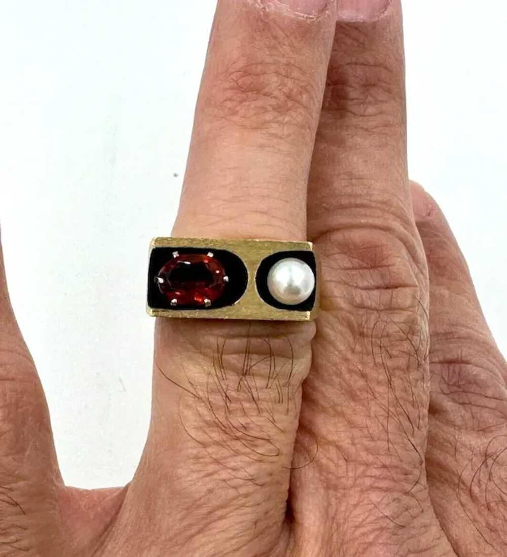 Mid Century 14k Yellow Gold Garnet Pearl Men's Ri… - image 6