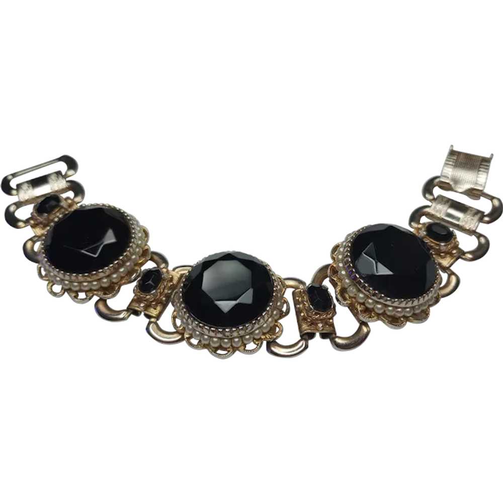 1950's Selro Chunky Bracelet, Black Faceted Stone… - image 1