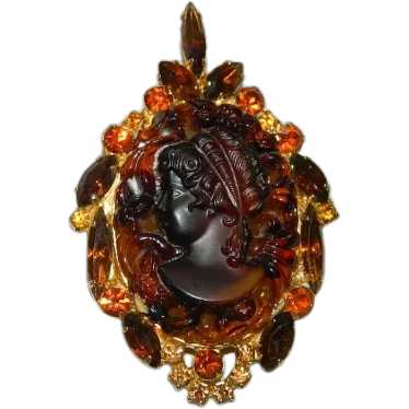 Juliana Rootbeer Rhinestone Cameo Brooch and Pend… - image 1