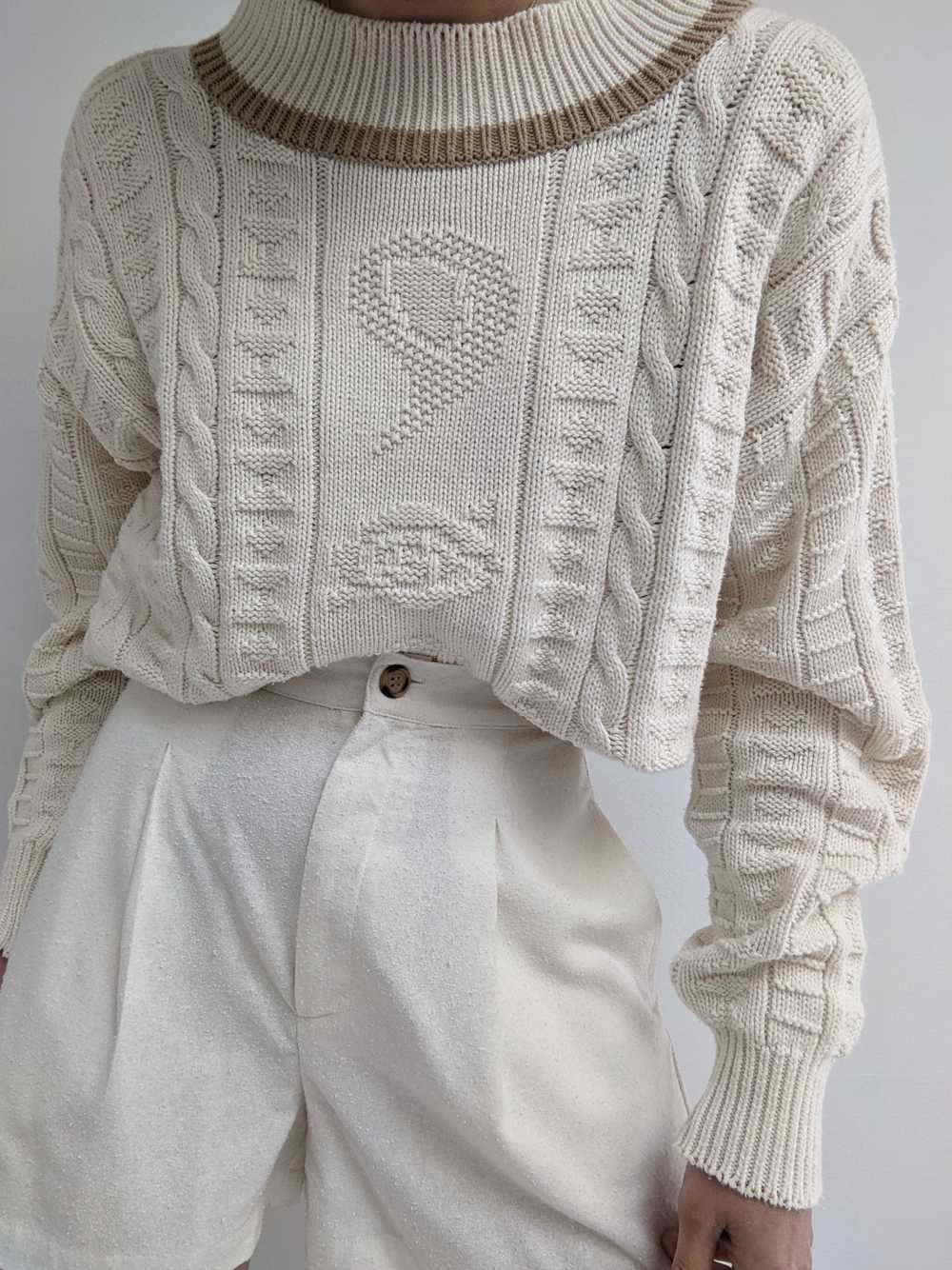 Vintage Cream Patterned Knit Sweater - image 2