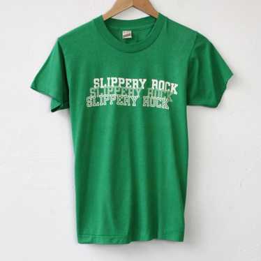 Vintage 70s 80s Champions slippery rock university paperthin Sportswear selling American splatter paint design Top tees tshirt grey large size