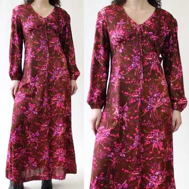 70s Brown Poly Maxi Dress with Fuchsia Floral Pri… - image 1