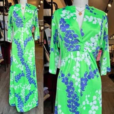 60s Lime Poly Print Maxi Dress - image 1