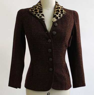 30s Textured Brown Jacket with Cheetah Look Fur Tr