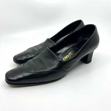 Vintage Ferragamo Black Leather Block Heel Pumps W