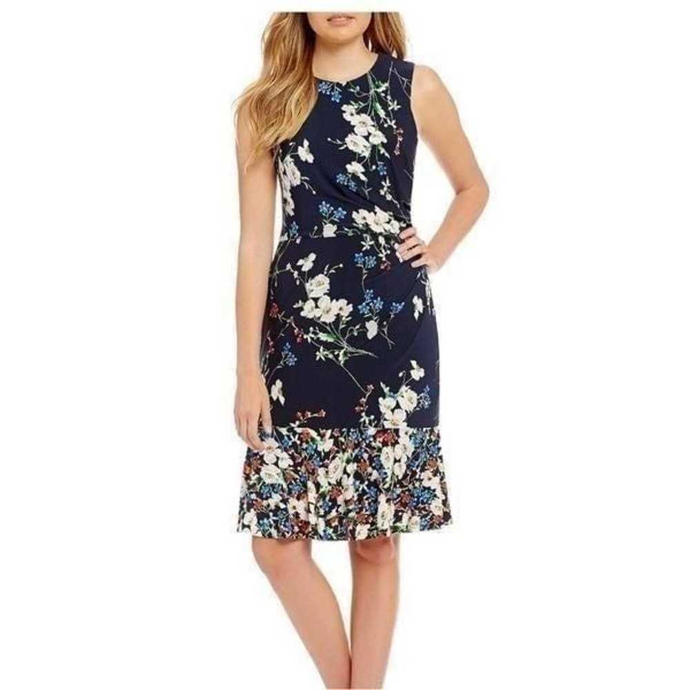 Eliza J Navy Blue  Floral Ruched Midi Dress | Siz… - image 1