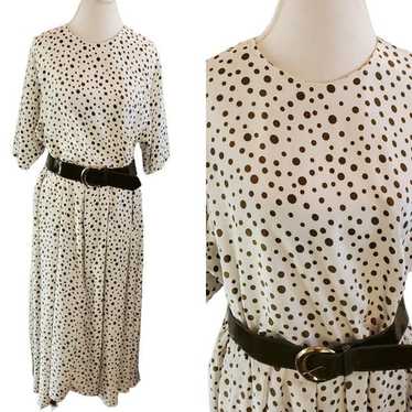 Vintage 80s Polka Dot Belted Midi Dress Shirt Sle… - image 1