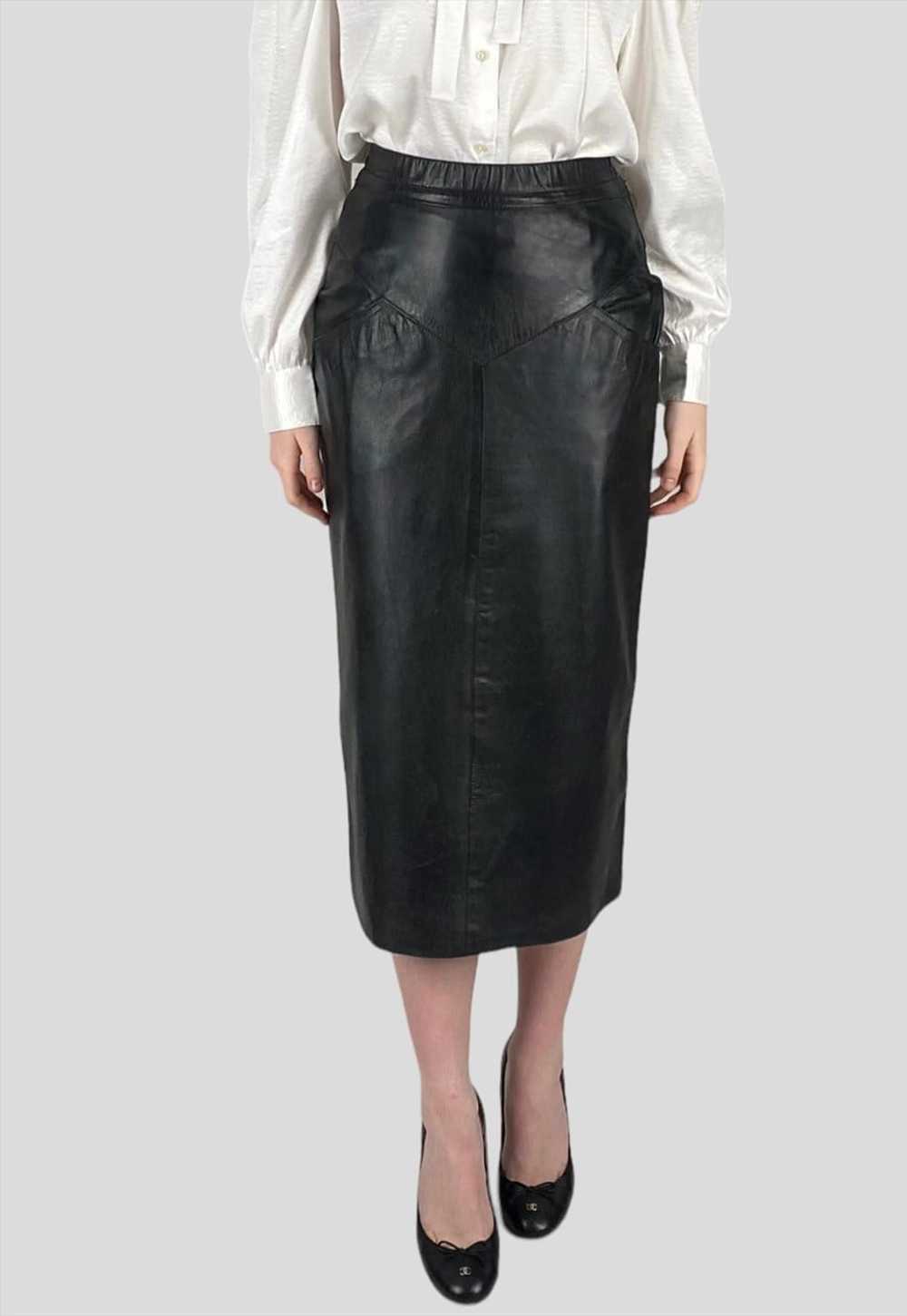 80's Black Soft Leather Vintage Pencil Midi Skirt - image 1