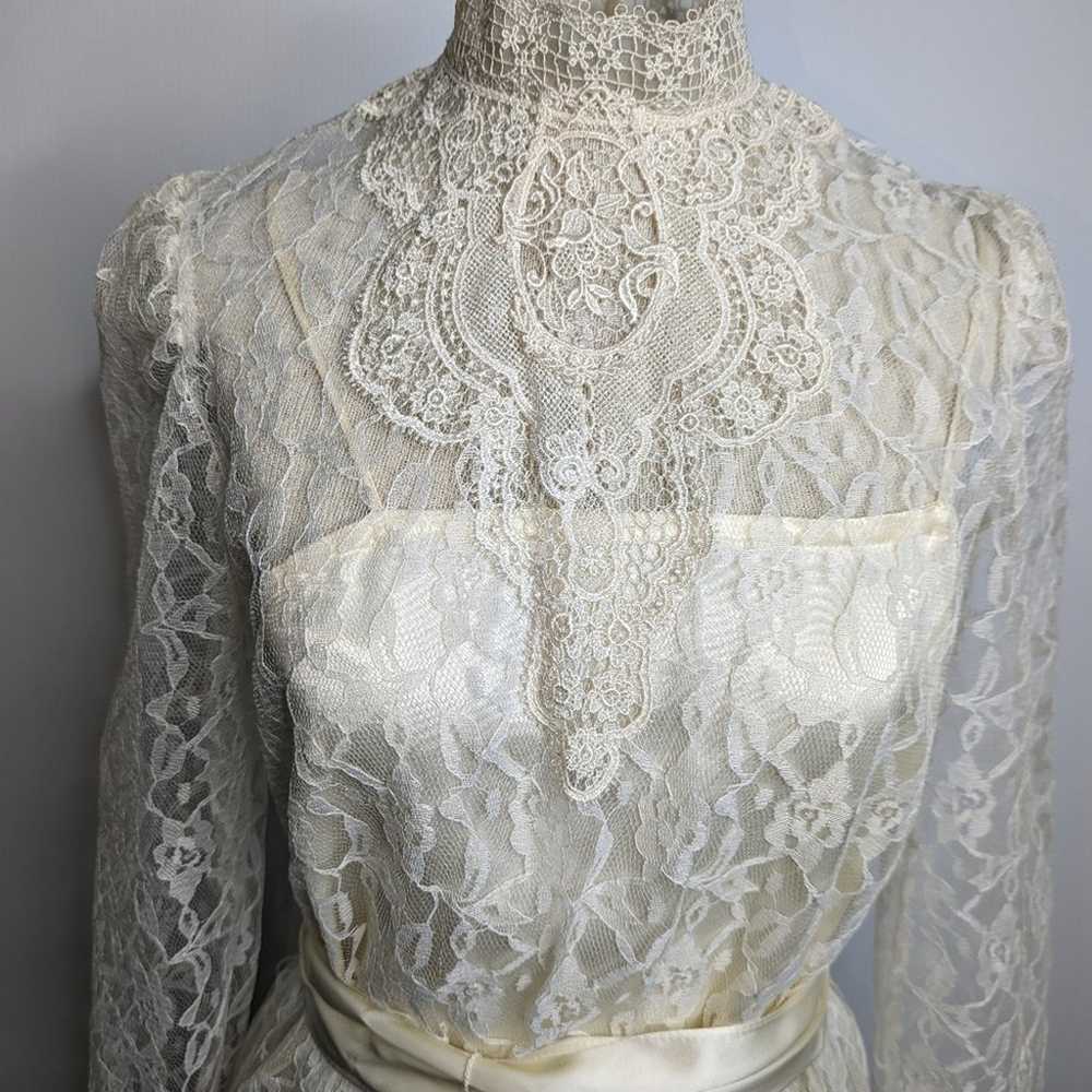 Vintage 70's Victorian Lace Dress Long Sleeve Lin… - image 11