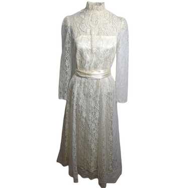 Vintage 70's Victorian Lace Dress Long Sleeve Lin… - image 1