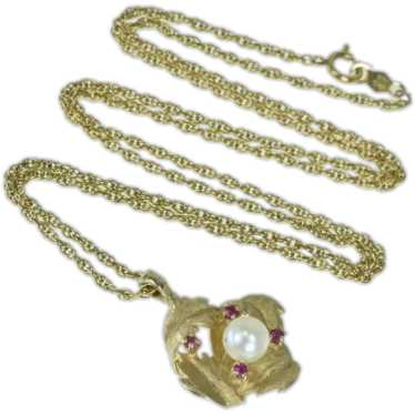 14K Pearl Ruby Ornate Leaf Vintage Rope Chain Neck