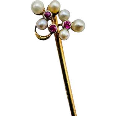 Antique 14k Gold Ruby Pearl Stick Pin & Presentat… - image 1