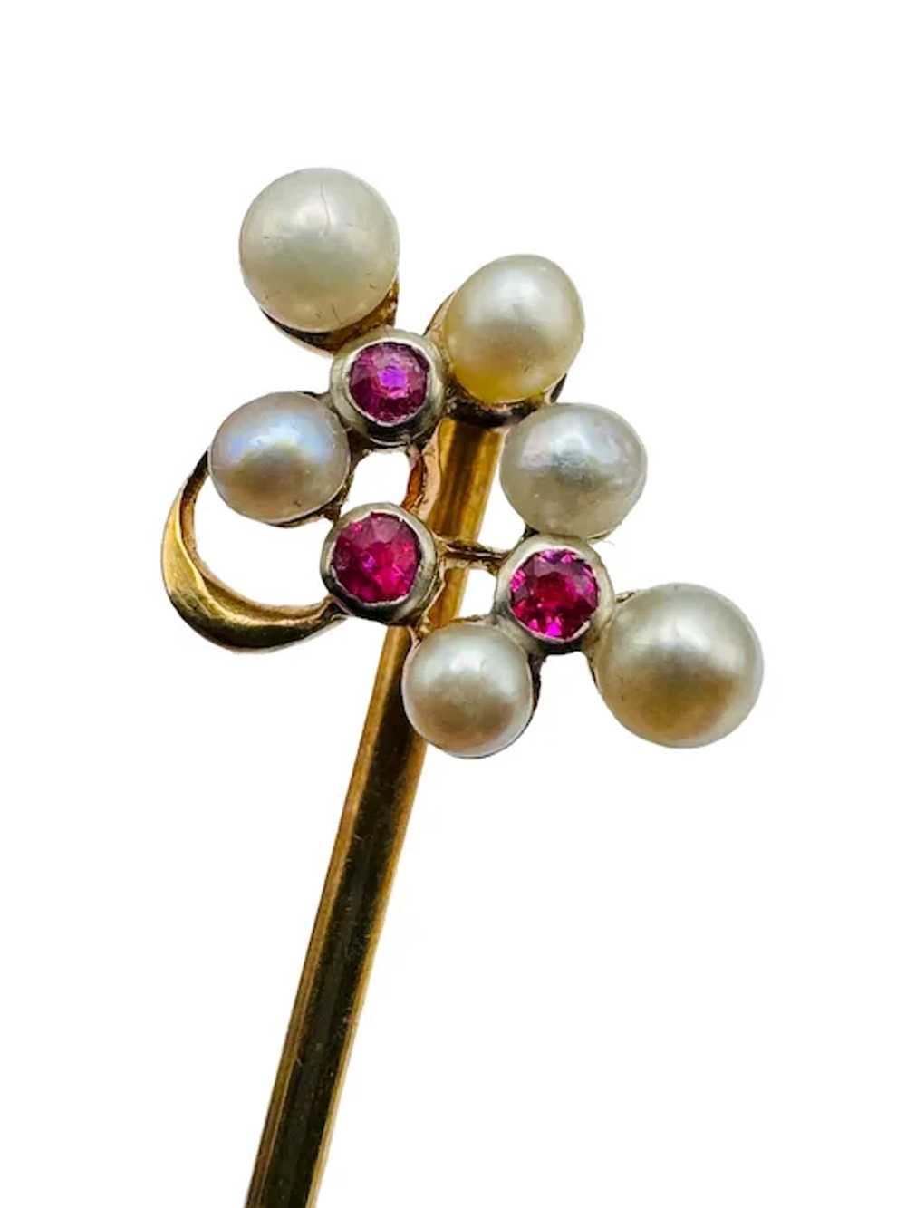 Antique 14k Gold Ruby Pearl Stick Pin & Presentat… - image 2