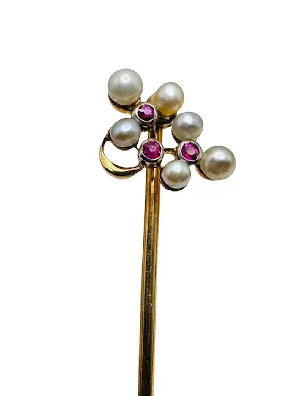 Antique 14k Gold Ruby Pearl Stick Pin & Presentat… - image 4