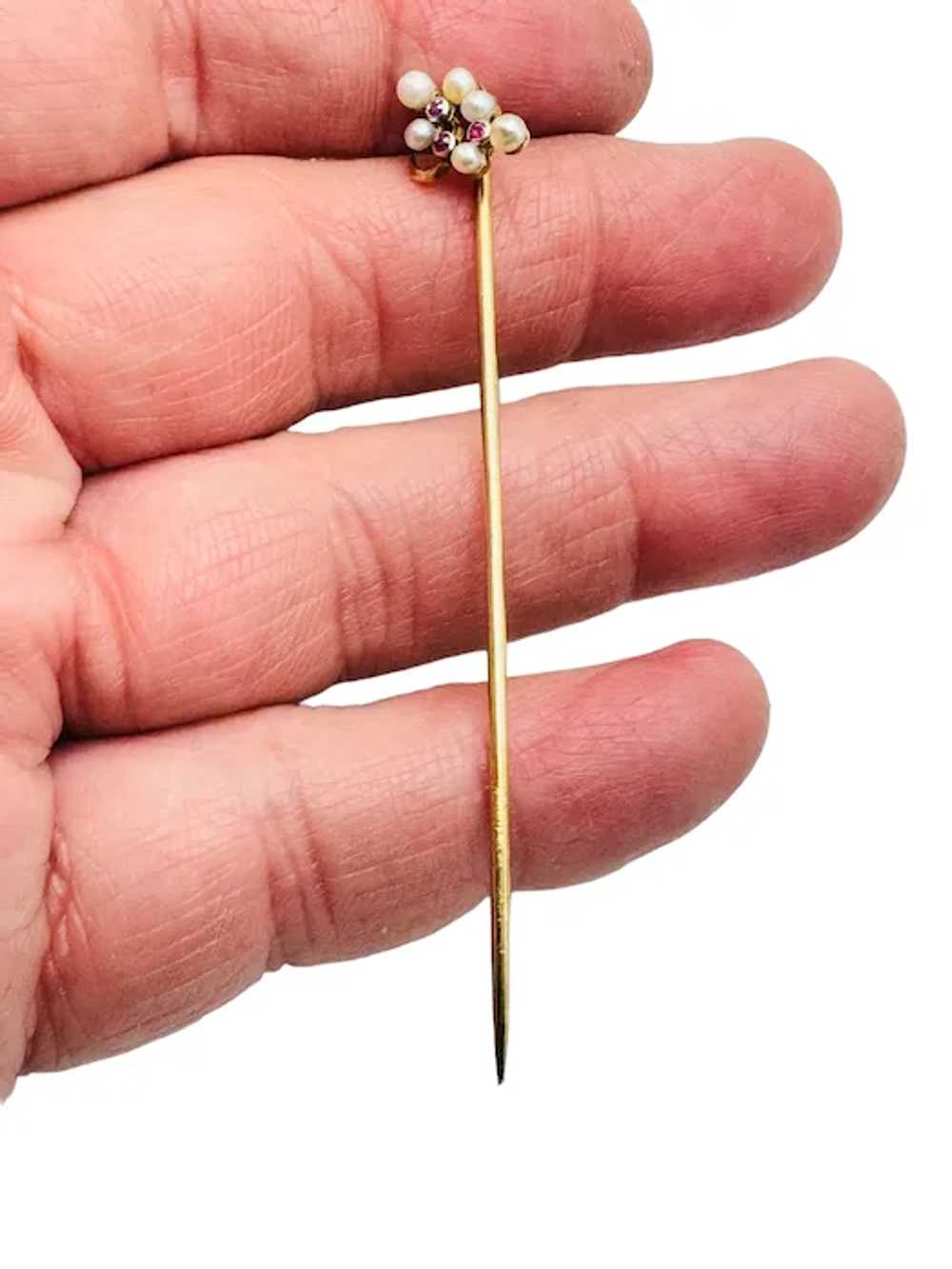 Antique 14k Gold Ruby Pearl Stick Pin & Presentat… - image 9