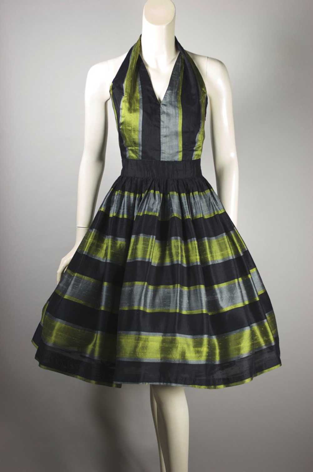 1950s halter cocktail dress full skirt striped bl… - image 1