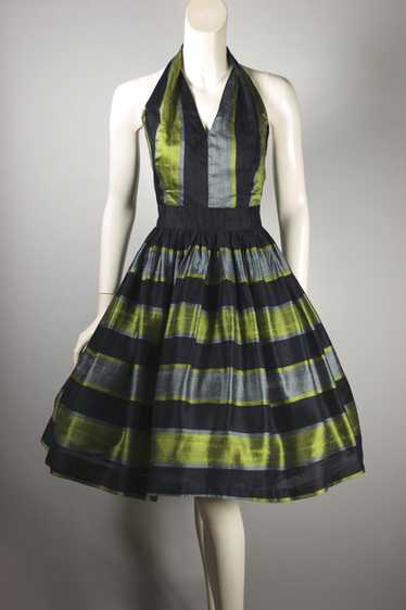 1950s halter cocktail dress full skirt striped bla