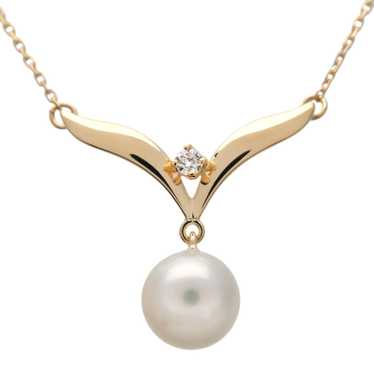 MIKIMOTO 1P Pearl 7.3mm Diamond Necklace K18YG 75… - image 1