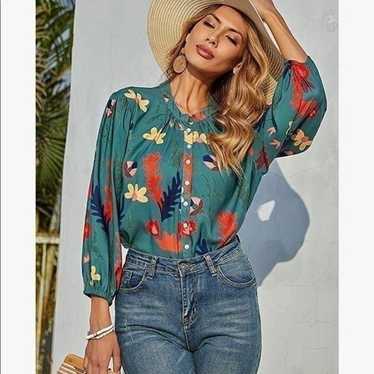 JUST IN Floral Green Balloon Sleeve Top - image 1
