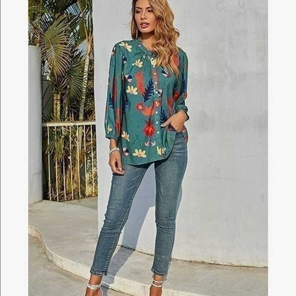 JUST IN Floral Green Balloon Sleeve Top - image 3