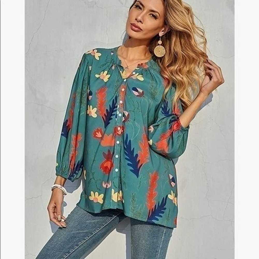 JUST IN Floral Green Balloon Sleeve Top - image 4
