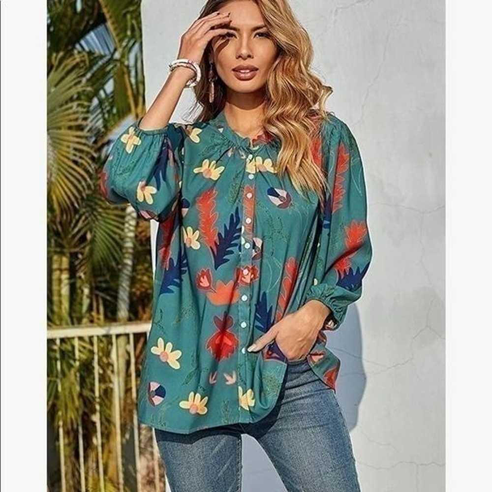 JUST IN Floral Green Balloon Sleeve Top - image 5