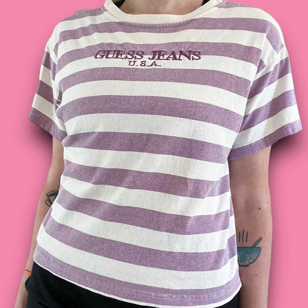 GUESS Striped Tee Shirt Crop Top Vintage Large St… - image 1