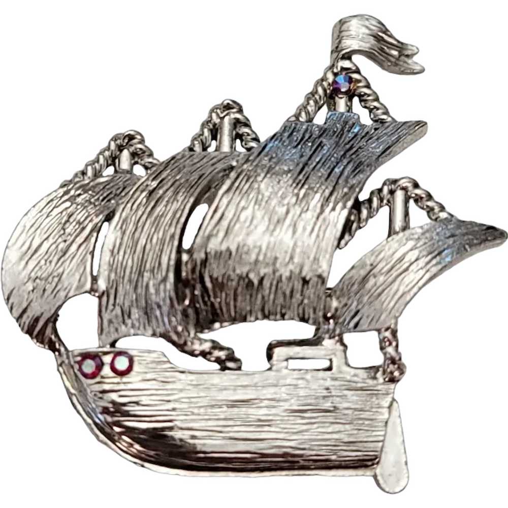 Dodds Silver Tone Rhinestone Schooner Ship, Sails… - image 1