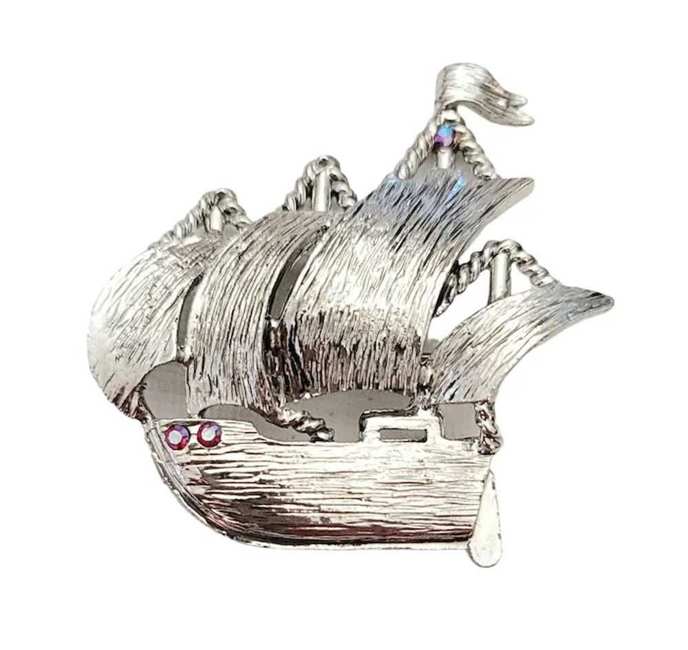 Dodds Silver Tone Rhinestone Schooner Ship, Sails… - image 2