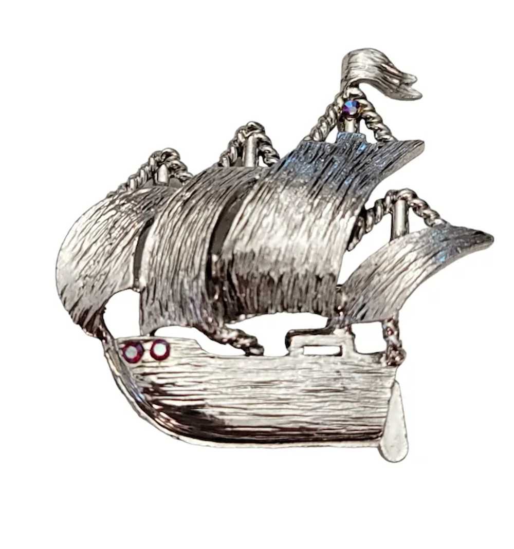 Dodds Silver Tone Rhinestone Schooner Ship, Sails… - image 9