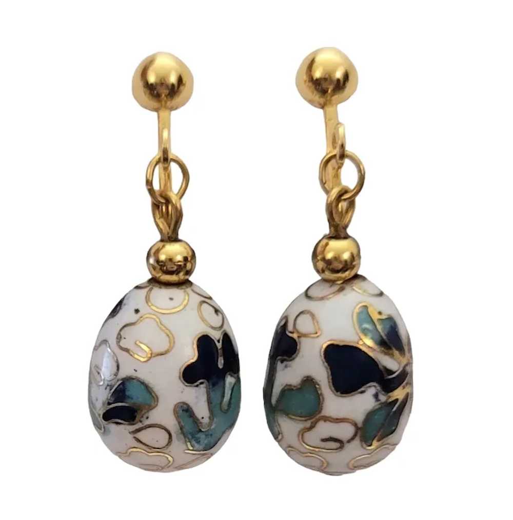 Vintage Gold Tone Blue White Cloisonné Egg Dangle… - image 10