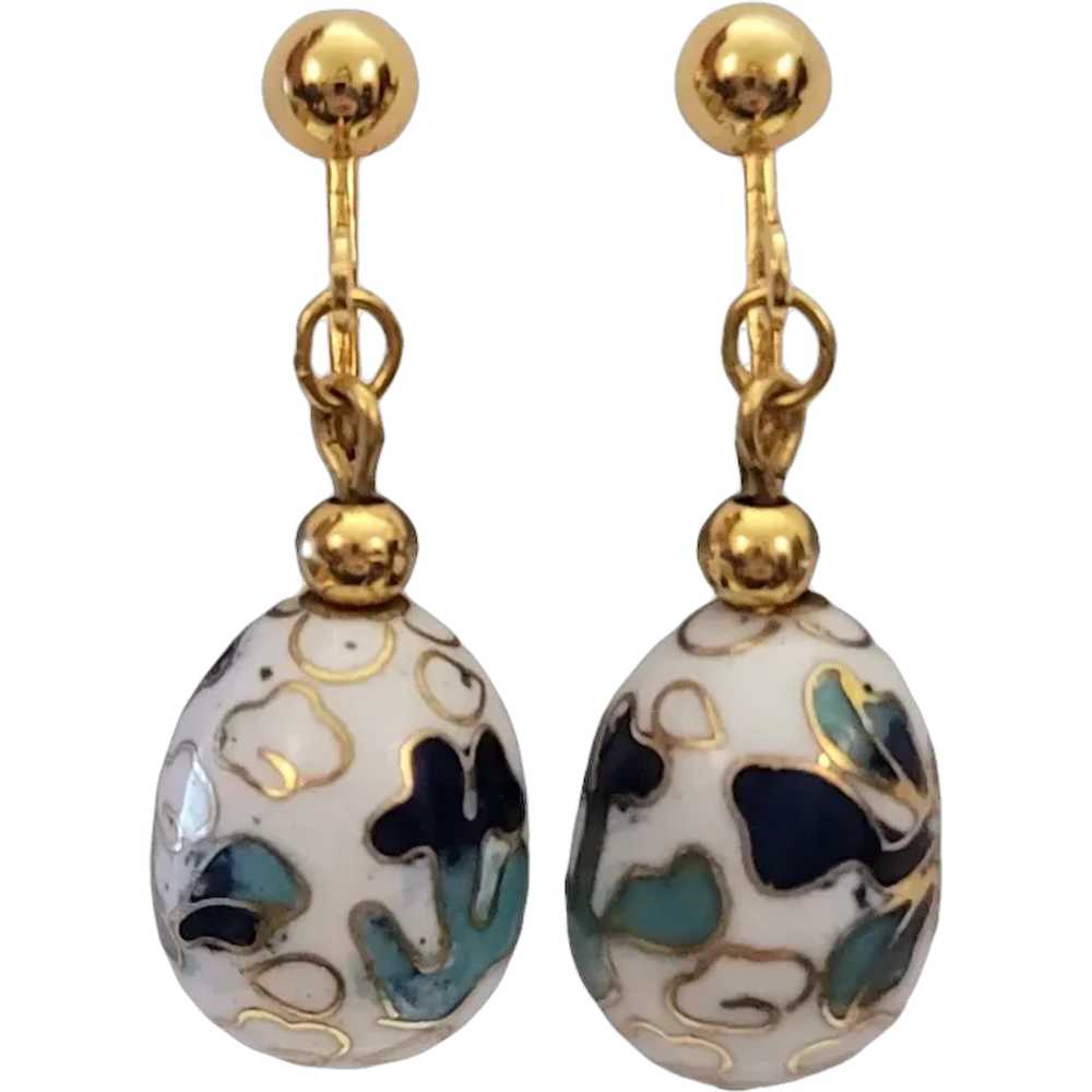 Vintage Gold Tone Blue White Cloisonné Egg Dangle… - image 1