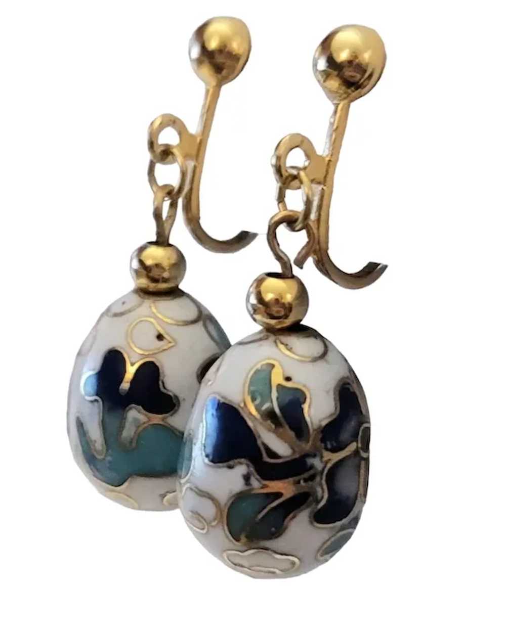 Vintage Gold Tone Blue White Cloisonné Egg Dangle… - image 4