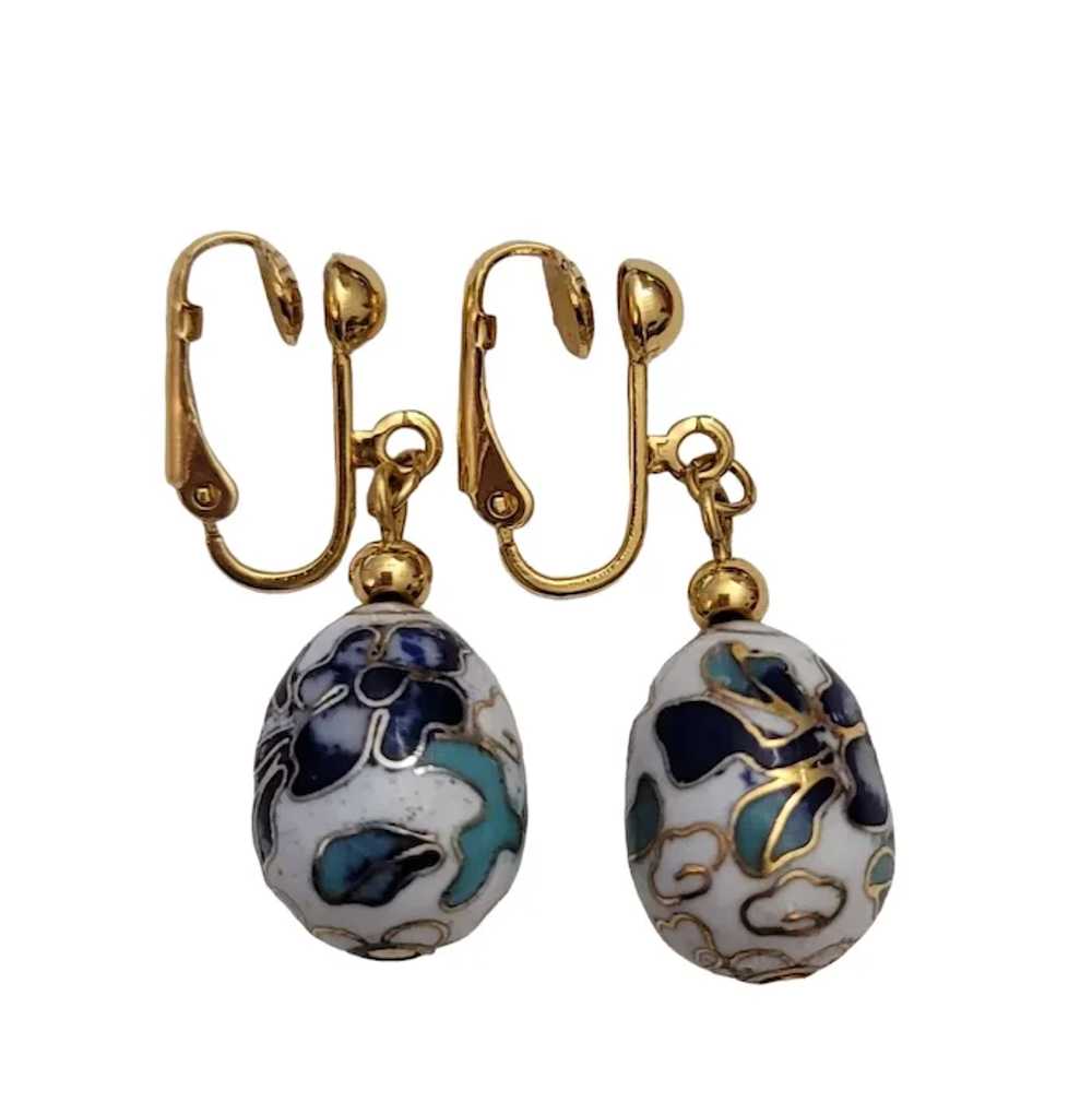 Vintage Gold Tone Blue White Cloisonné Egg Dangle… - image 5