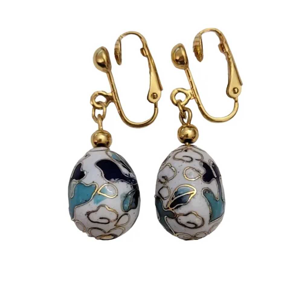 Vintage Gold Tone Blue White Cloisonné Egg Dangle… - image 6