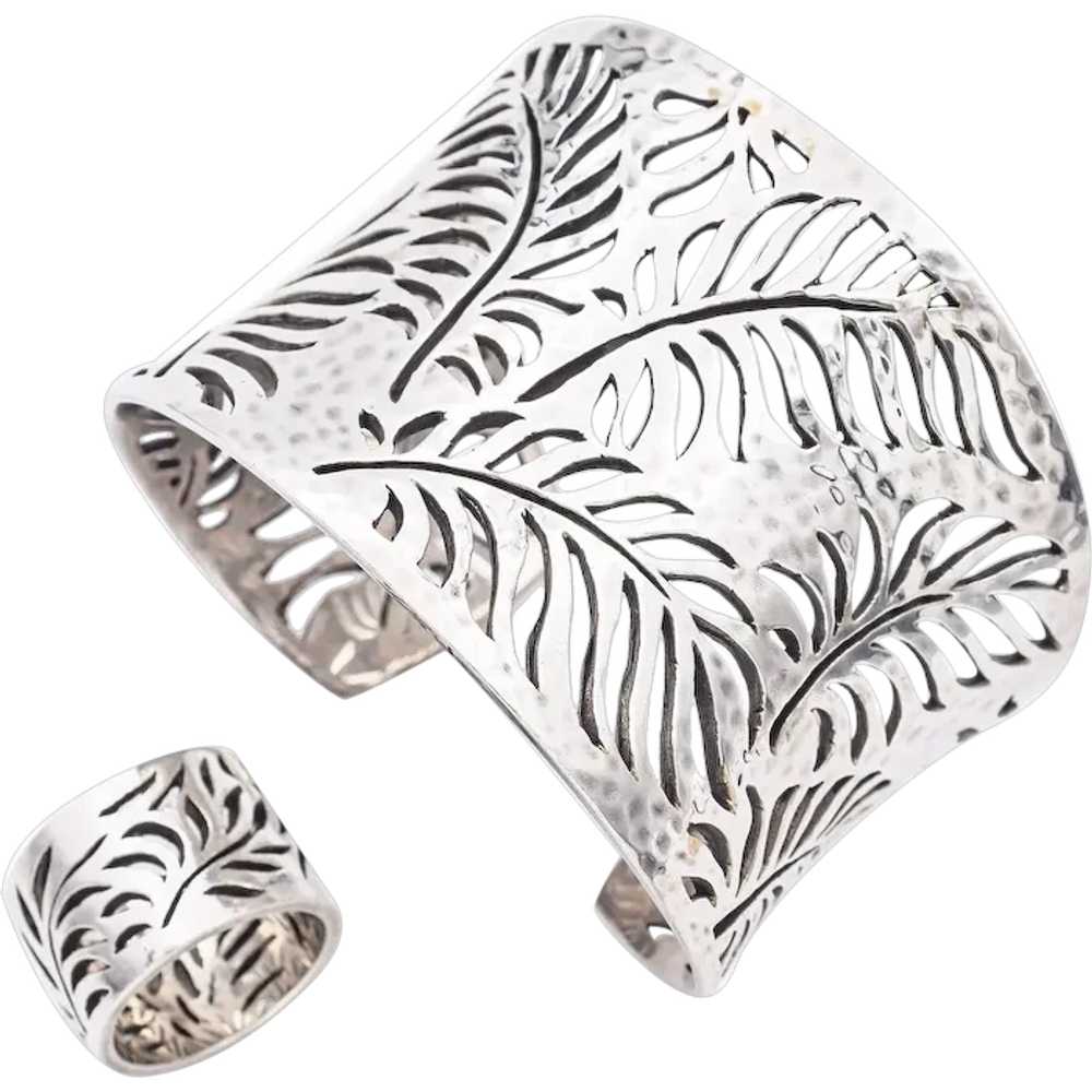 Estate Sterling Silver Leaf Openwork Cuff Bracele… - image 1