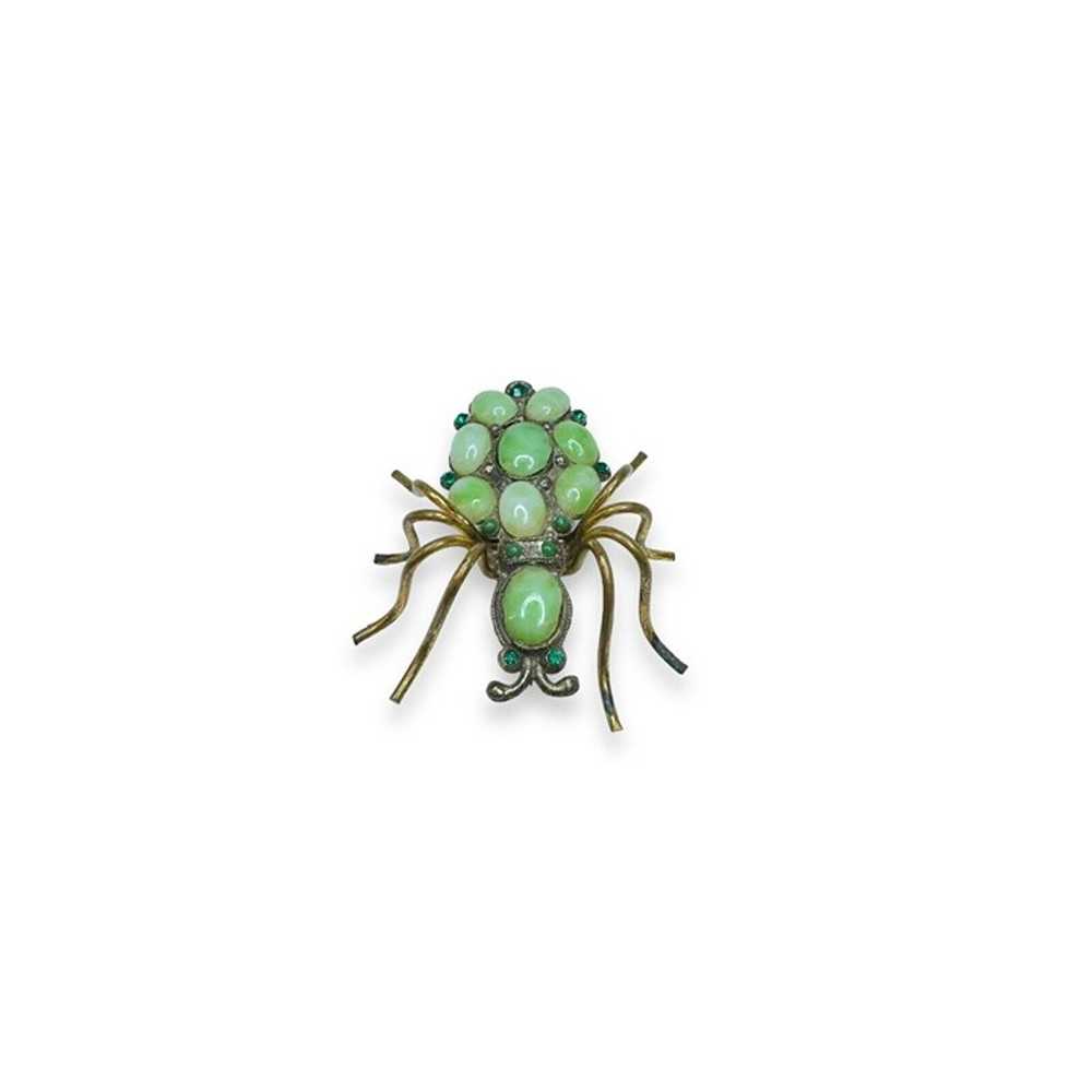 Art Nouveau Jadeite Brass Spider Brooch Green Cry… - image 1