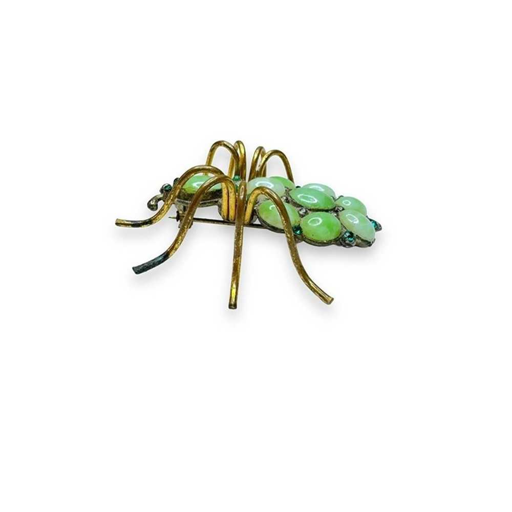 Art Nouveau Jadeite Brass Spider Brooch Green Cry… - image 2