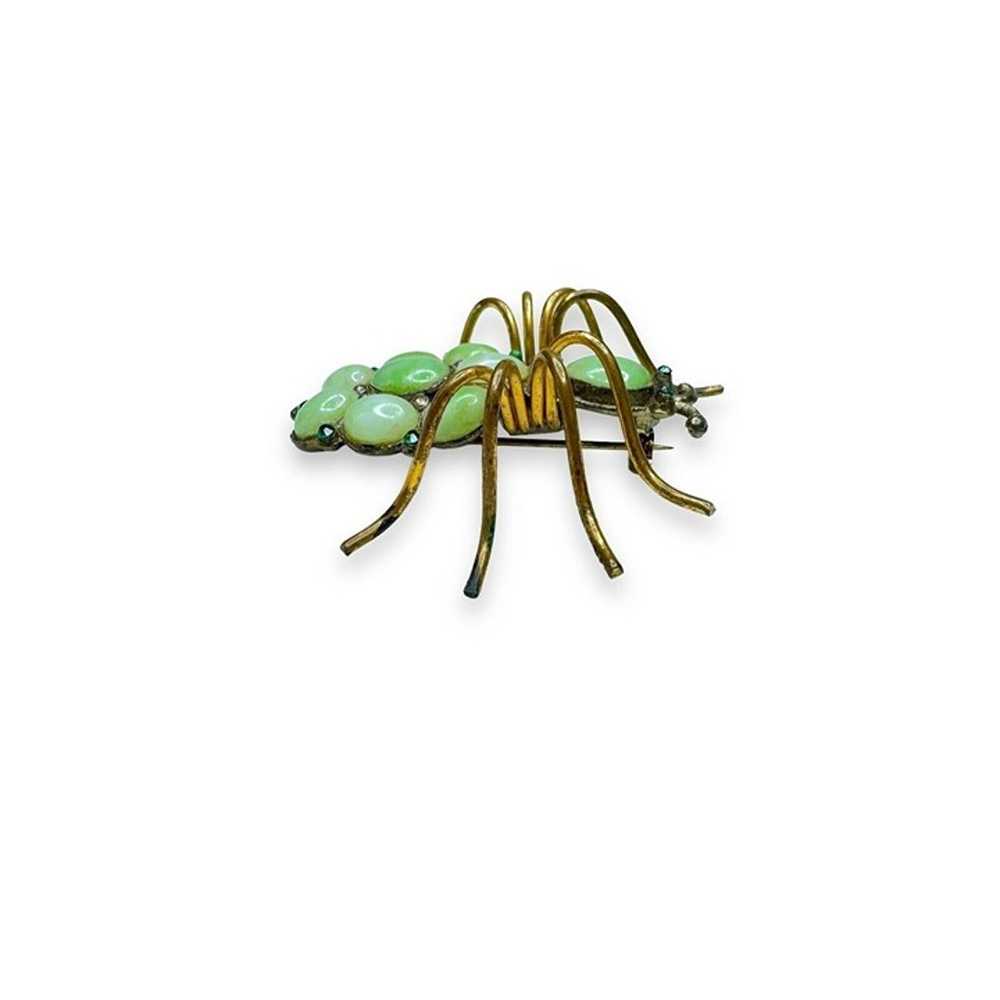 Art Nouveau Jadeite Brass Spider Brooch Green Cry… - image 4