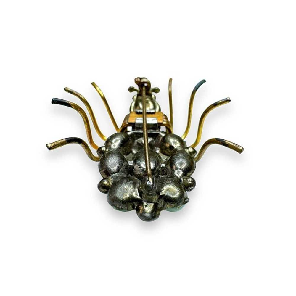 Art Nouveau Jadeite Brass Spider Brooch Green Cry… - image 6