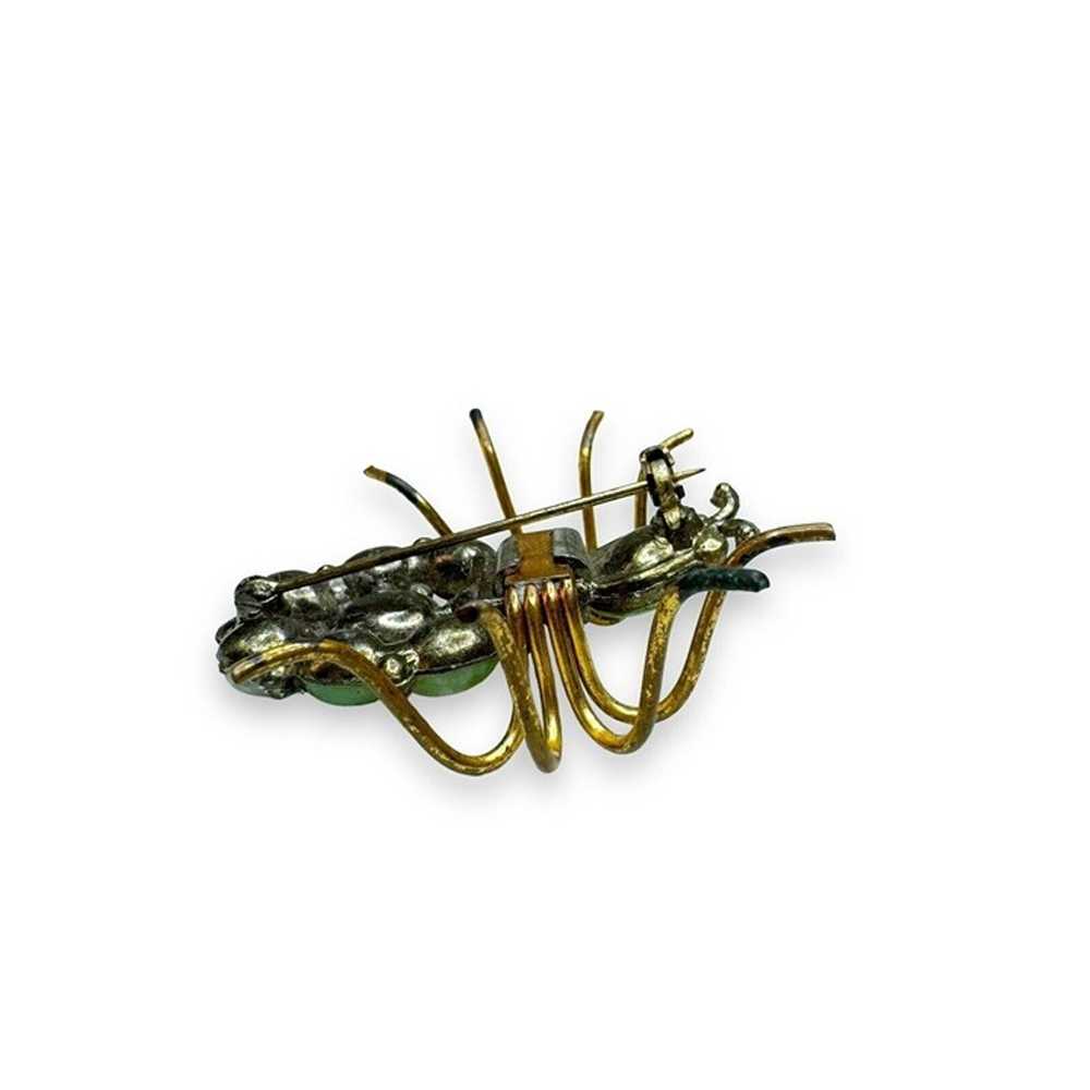 Art Nouveau Jadeite Brass Spider Brooch Green Cry… - image 7