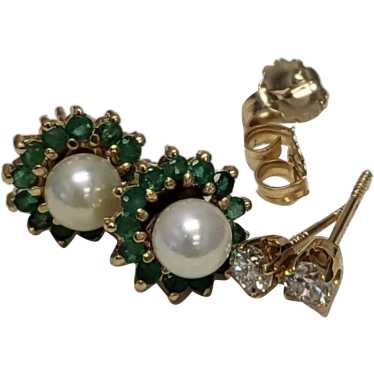 14K Gold Emerald Halo Jackets, Diamonds and Pearl… - image 1