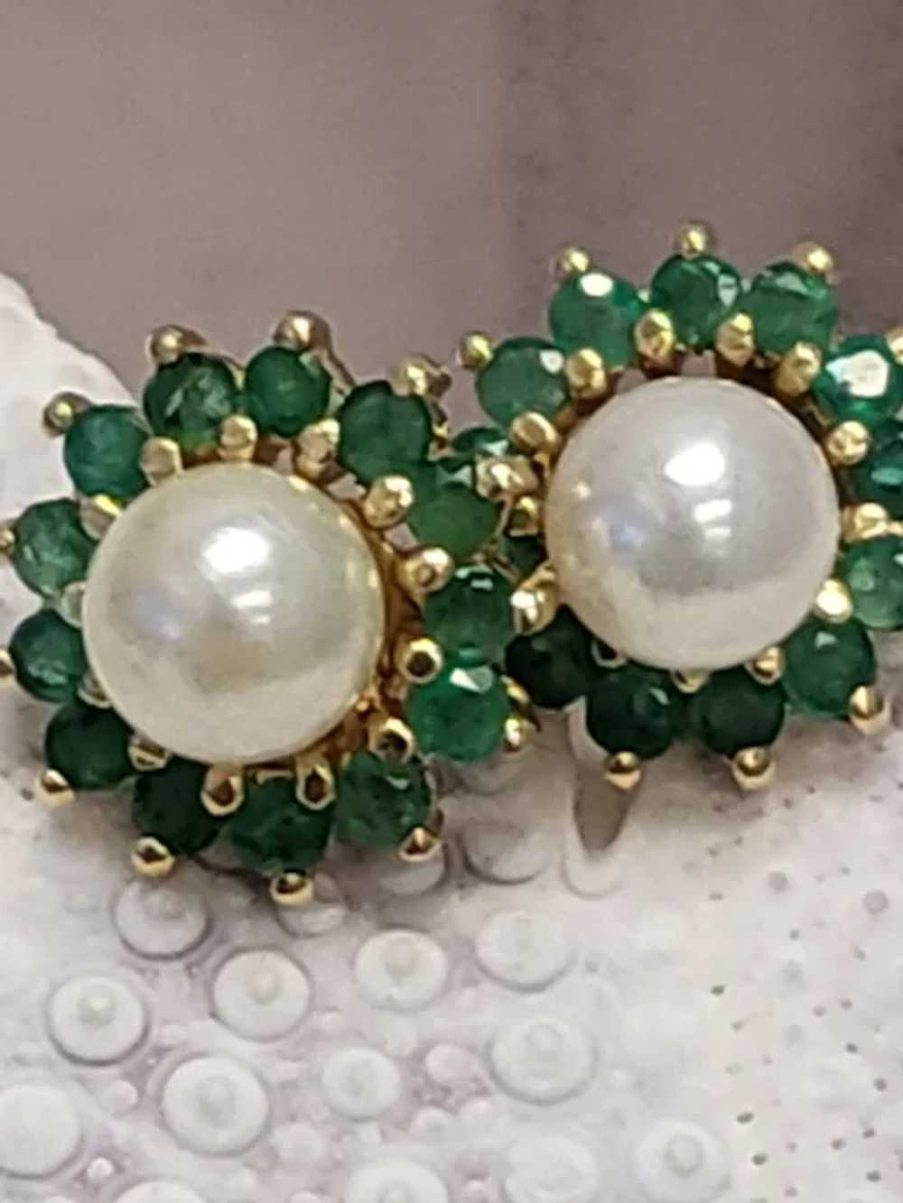 14K Gold Emerald Halo Jackets, Diamonds and Pearl… - image 2